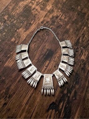 AMAZING Vintage Aztec Warrior 900 Sterling Silver Panel w/Fringe Necklace 16.5”